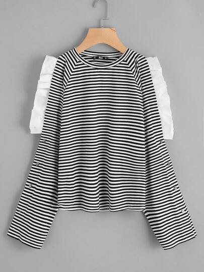 Camiseta de rayas de manga acampanada con volantes y hombro abierto