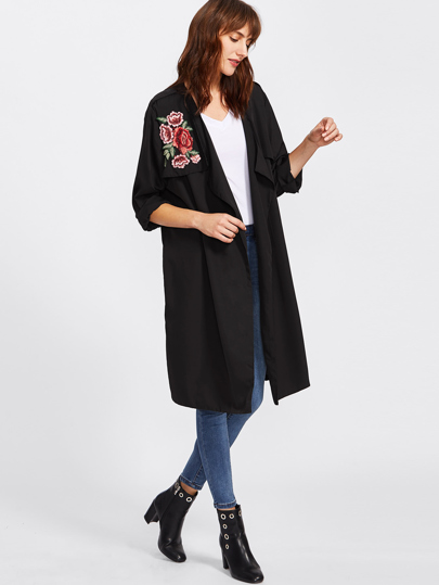 Embroidered Rose Applique Longline Cardigan Coat