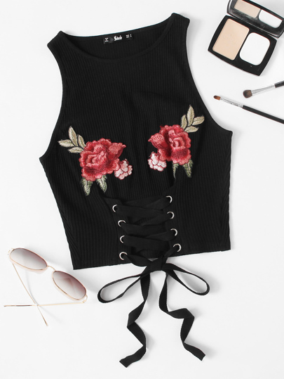 Top débardeur avec lacet avec applique de rose brodé
