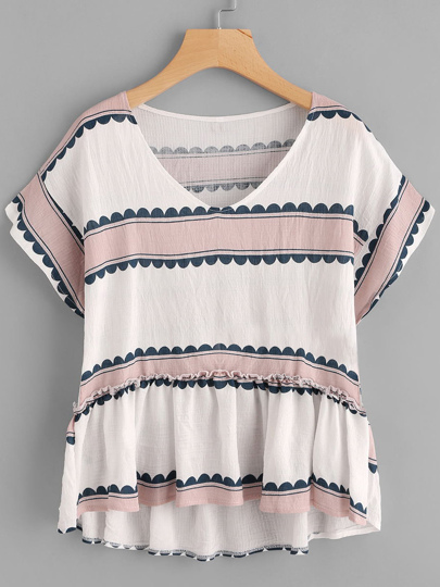 Contrast Print Pep Hem Blouse