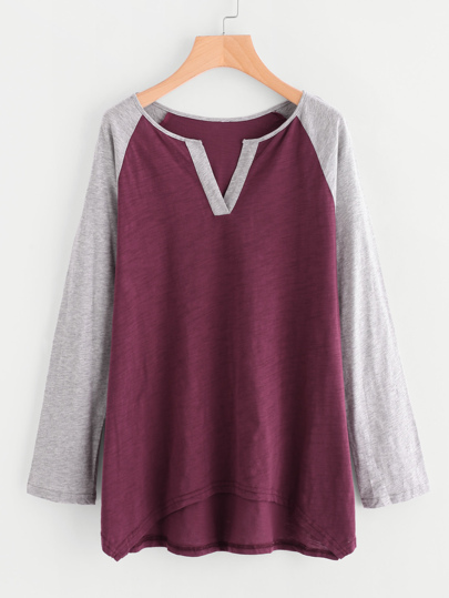 Contrast V Notch And Raglan Sleeve Slub T-shirt
