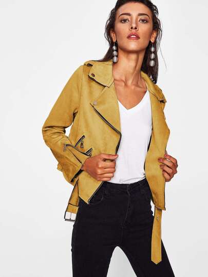 Wildleder Jacke mit Reißverschluss und Gürtel um den Saum