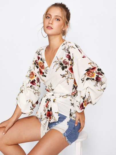 Blouse imprimé fleur avec ceinture
