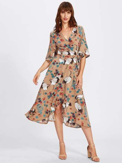 Crane Bird Print Surplice Wrap Dress