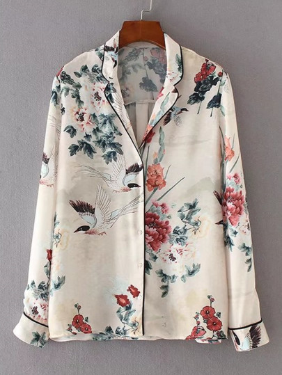Contrast Piping Floral Pajama Blouse