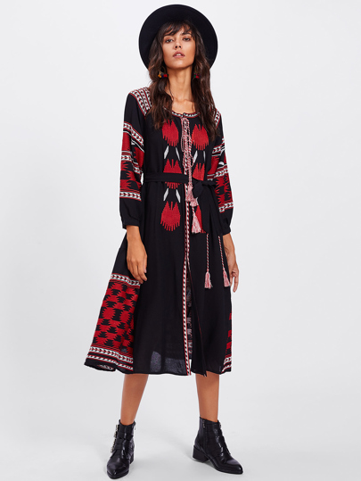 Embroidered Detail Split Front Self Tie Dress