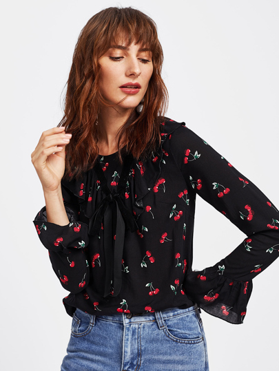 Cherry Print Bell Cuff Frilled Top