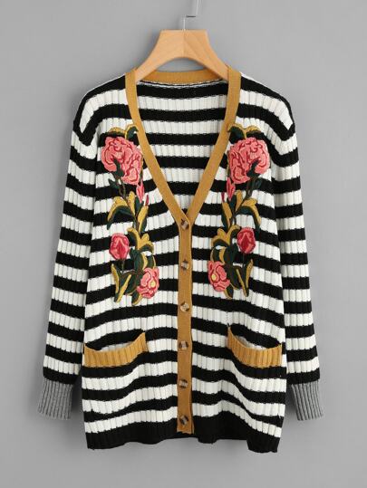 Flower Patch Rib Knit Striped Cardigan