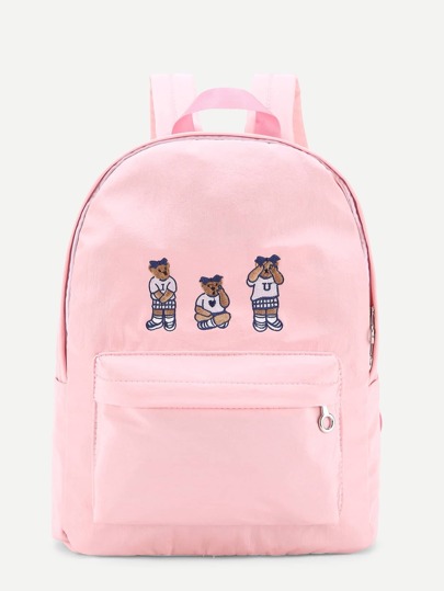 Bear Embroidery Pocket Front Nylon Backpack