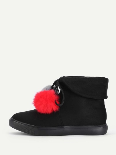 Double Pom Pom Lace Up Flat Boots