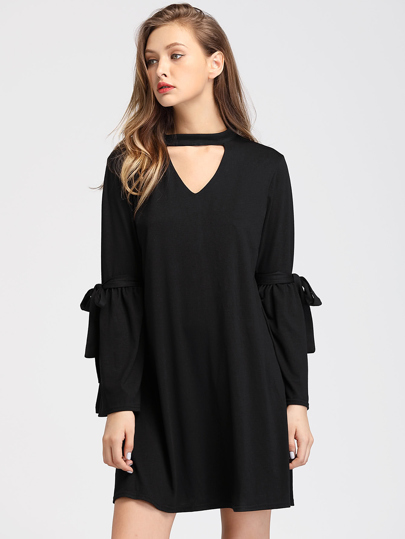 V Cut Fluted Sleeve Tie Detail Dress