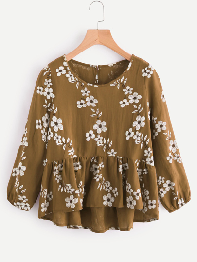 Calico Print Frill Hem Blouse
