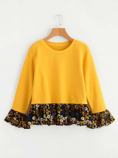 Contrast Floral Print Frill Hem Sweatshirt