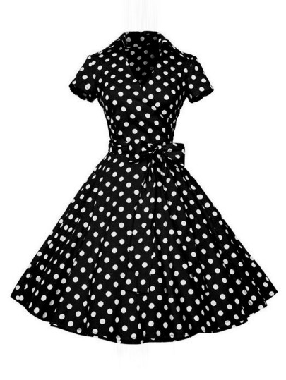 Surplice Neckline Bow Tie Polka Dot Circle Dress