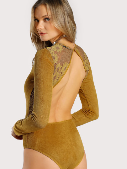 Floral Lace Trim Open Back Suede Bodysuit