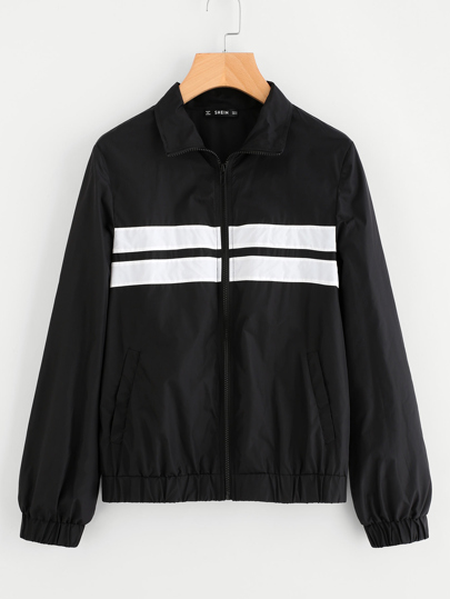Striped Panel Front Windbreaker Jacket