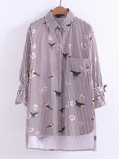 Bird Print Dip Hem Striped Shirt Dress