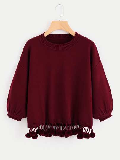 Jersey con hombro caído de manga farol y bajo de pompones