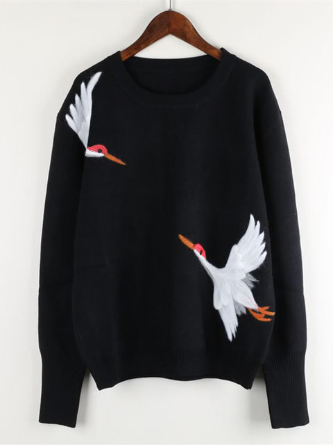 Crane Bird Embroidered Jumper