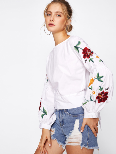 Botanical Embroidered Lantern Sleeve Tie Back Top