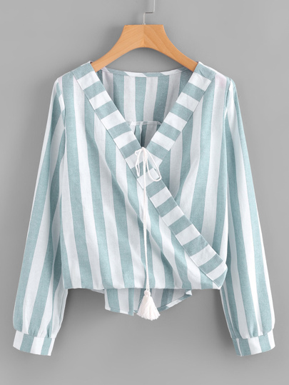 Blusa cruzada con cordón con fleco de rayas en contraste