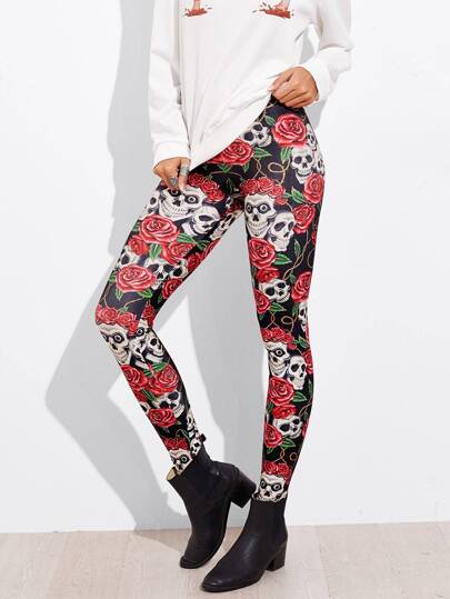 Leggings imprimé des roses et des crânes