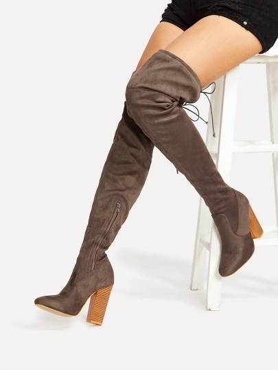 Lace Up Detail Block Heeled Thigh High Boots