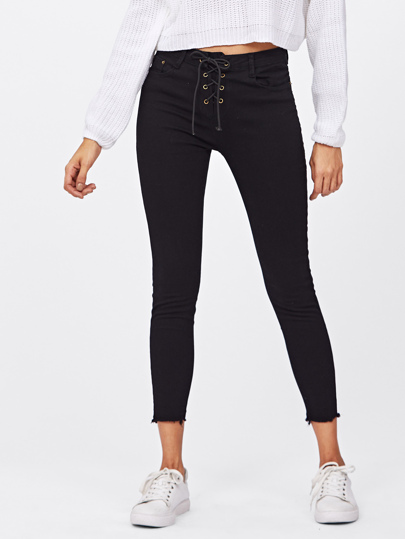 Lace Up Frayed Hem Skinny Jeans