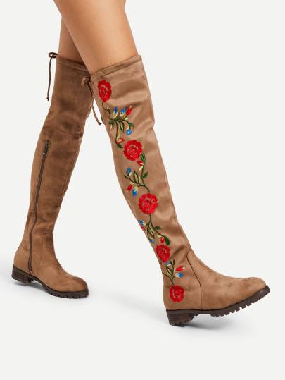 Flower Embroidery Over The Knee Boots