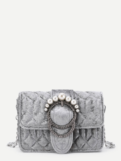 Faux Pearl Buckle Design Velvet Chain Bag
