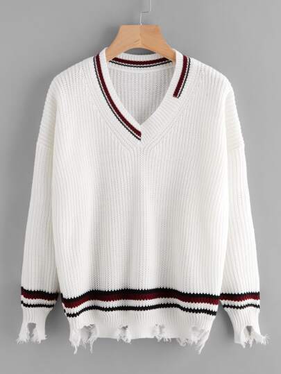V Neckline Contrast Trim Raw Hem Sweater