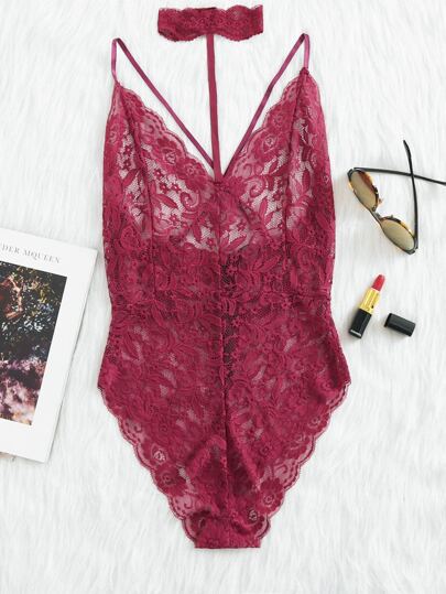 Crisscross Back Scalloped Floral Lace Cami Bodysuit