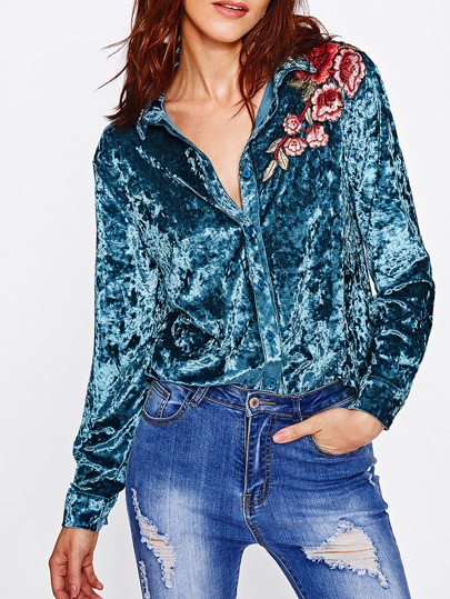 Embroidered Flower Applique Crushed Velvet Blouse