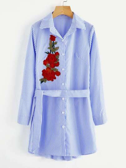 Vertical Striped Embroidered Applique Shirt Dress
