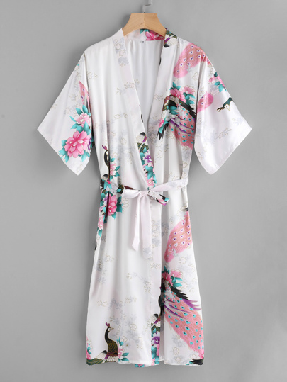 Peacock Print Satin Kimono Robe With Belt