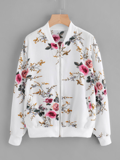 Ribbed Trim Botanical Print Jacket