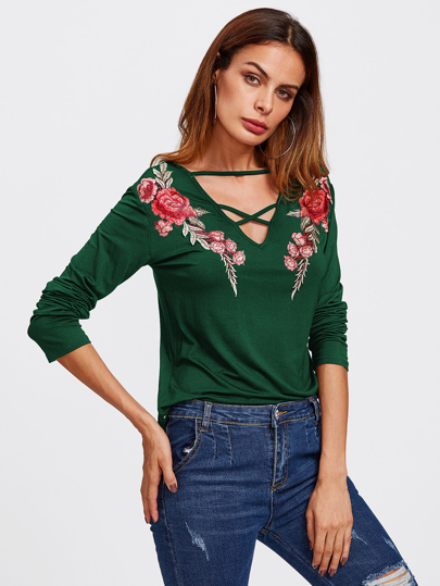 Rose Embroidered Patch Strappy Neck Tee