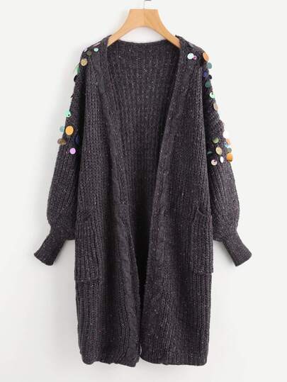 Sequin Detail Lantern Sleeve Sweater Coat