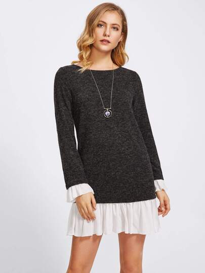 Contrast Cuff And Hem Heathered Dress