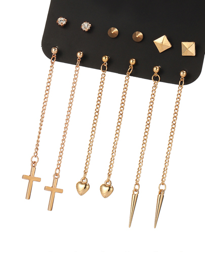 Heart & Cross Design Earring Set 6 Pair