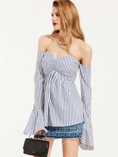 Bardot Flute Sleeve Shirred Front Stripe Top