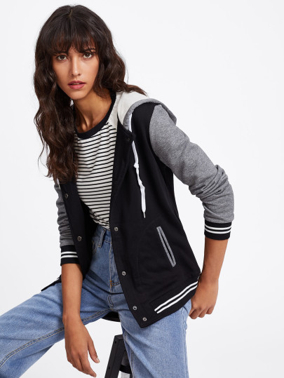 Contrast Sleeve Hooded Baseball Jacket