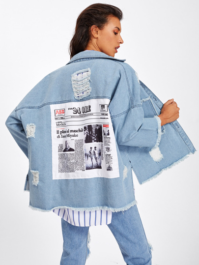 Frayed Trim Patch Back Distressed Jacket