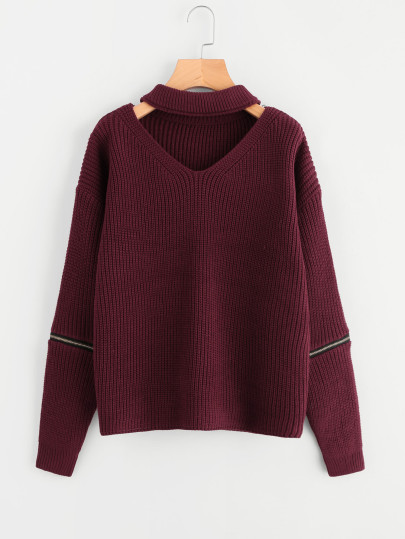 Zipper Detail Sleeve V Cut Choker Neck Jumper