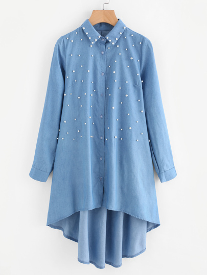 Faux Pearl High Low Denim Shirt