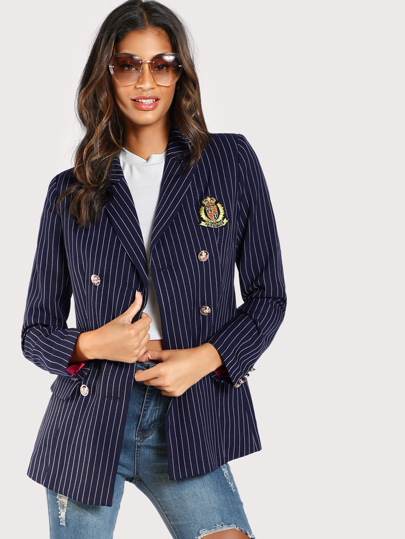 Patch Detail Golden Button Pinstripe Blazer