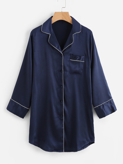 Contrast Trim Satin Pyjama Shirt Dress