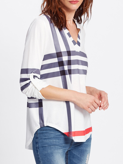 Roll Tab Sleeve Mixed Striped V Neck Top
