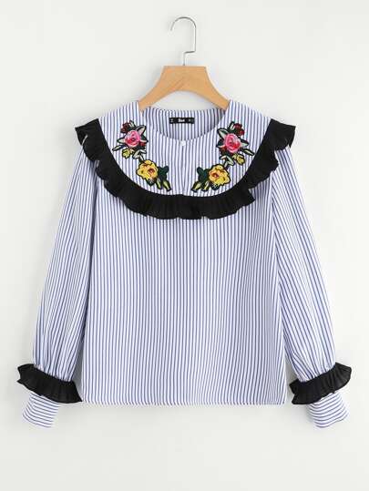 Blouse rayure brodé avec détail ruché