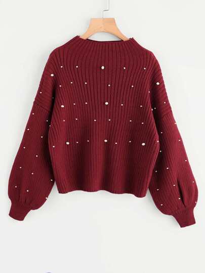 Pearl Embellished Exaggerated Bishop Sleeve Ribbed Sweater